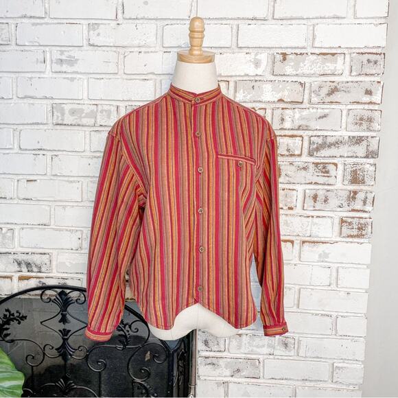 Vintage 90s Liz Wear Petite Red Metallic Gold Multi Stripe Linen Long Sleeve Top - Picture 2 of 11